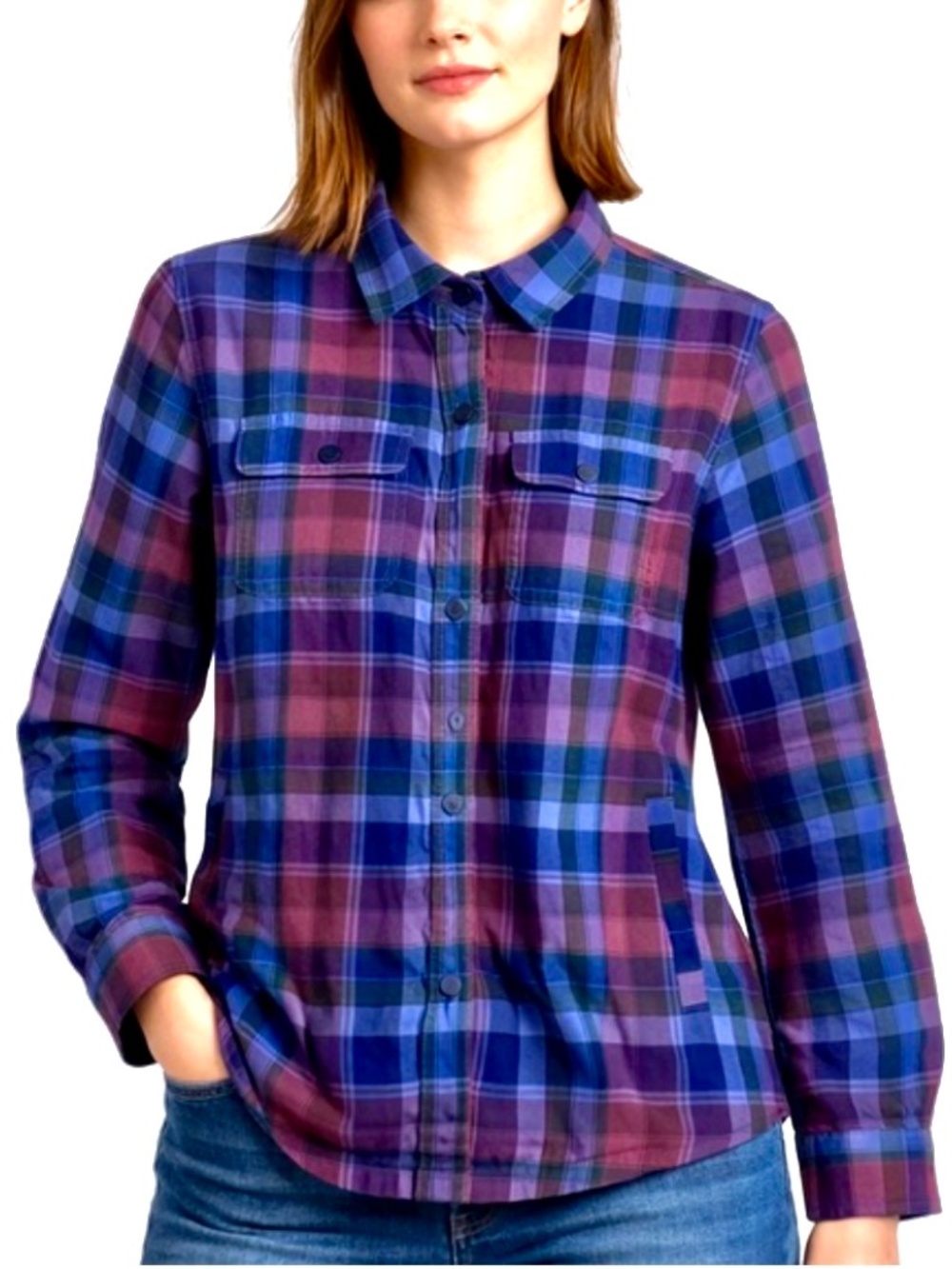 L.L. Bean Fleece Lined Blue, Purple & Fuchsia Plaid Flannel Shirt, Size Medium M